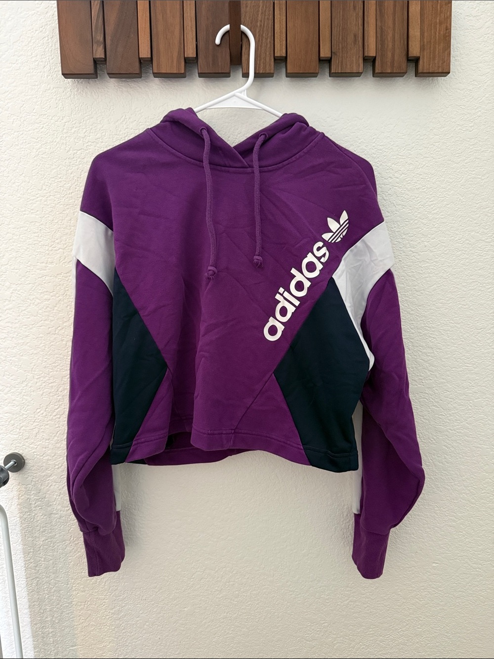 adidas Purple and Black Colorblock Cropped Hoodie